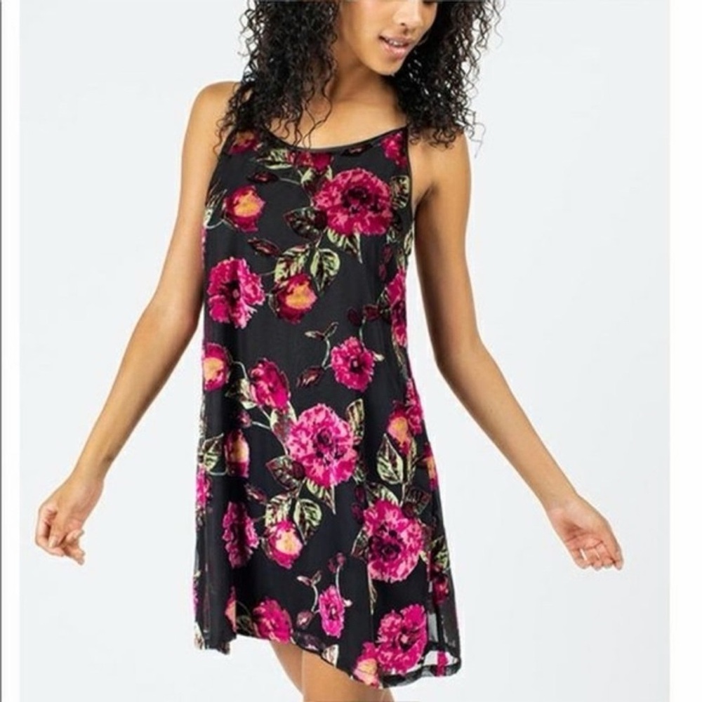 Whimsigoth Slip Dress, Burnout, Witchy, Fairy Black Velvet Floral Swing Dress, M